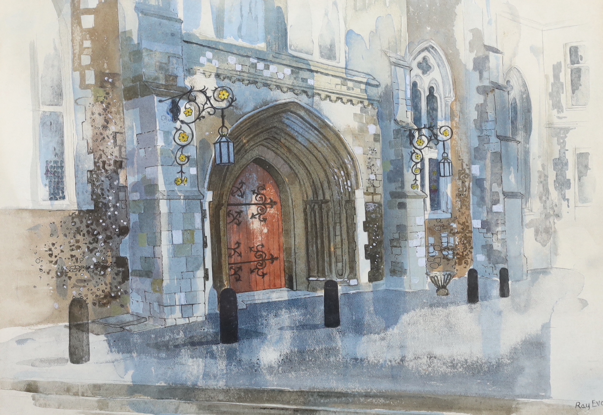 Three watercolours comprising two by Ray Evans (1920–2008) graveyard before cottages and gothic doorway, each signed and one by John Doyle (b.1928) Tichbourne Church, signed, largest 25 x 36cm